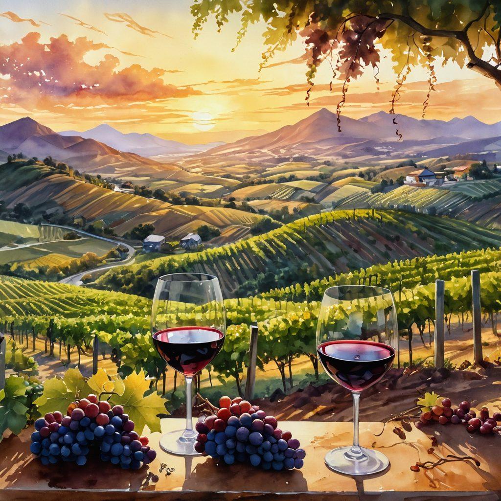 A scenic view of rolling vineyards under a golden sunset, with a winding road for a rental car adventure. Include a couple of wine glasses in the foreground, showcasing rich red wine, and clusters of grapes hanging from the vines. Capture the essence of relaxation and exploration, with a distant mountain range adding depth. watercolor painting. warm tones. atmospheric.